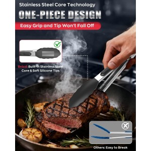 600ºF Heat Resistant Kitchen Tongs, Premium Locking Cooking Tongs with Silicone Tips, Non-Slip Food Tongs for Cooking, Non-Stick, Heavy Duty Stainless Steel Handle, Set of 3-7