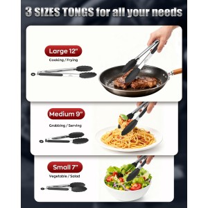 600ºF Heat Resistant Kitchen Tongs, Premium Locking Cooking Tongs with Silicone Tips, Non-Slip Food Tongs for Cooking, Non-Stick, Heavy Duty Stainless Steel Handle, Set of 3-7