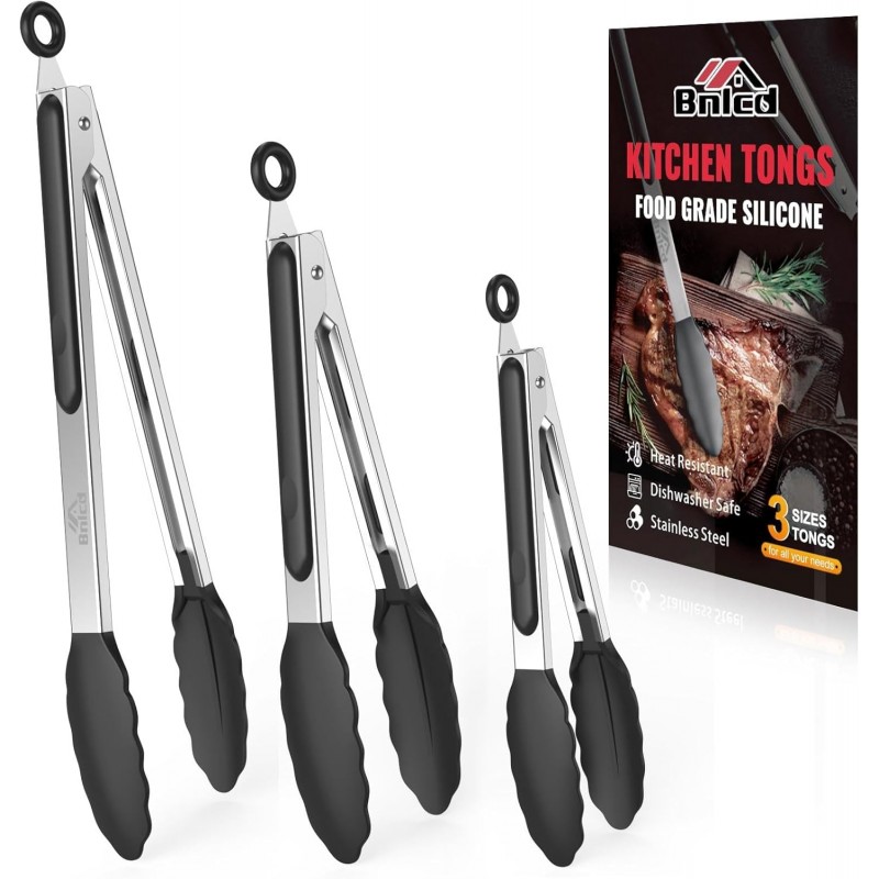 600ºF Heat Resistant Kitchen Tongs, Premium Locking Cooking Tongs with Silicone Tips, Non-Slip Food Tongs for Cooking, Non-Stick, Heavy Duty Stainless Steel Handle, Set of 3-7