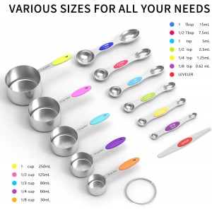 TILUCK measuring cups and magnetic measuring spoons set, stainless steel measuring cups, 6 double-sided stainless steel measuring spoons & 1 leveler (12)