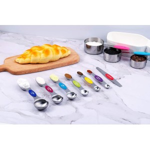 TILUCK measuring cups and magnetic measuring spoons set, stainless steel measuring cups, 6 double-sided stainless steel measuring spoons & 1 leveler (12)