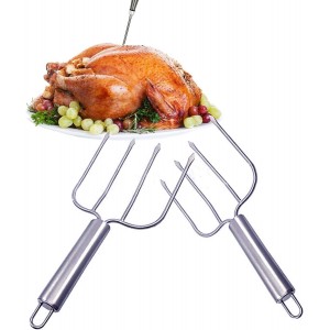 Stainless Steel Turkey fork Set of 2.- Transfer Chicken or Ham Poultry Lifters Easily, Four Needle Meat Fork, Professional Carving Roaster Poultry Forks