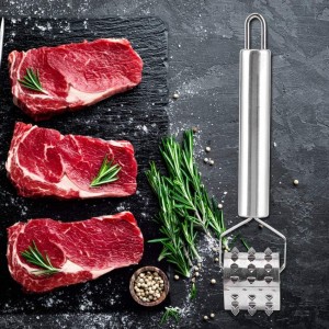 Fdit Stainless Steel Meat Tenderizer Strong Roller Beef Steak Chicken Mallet Hammer with Ergonomic Handle for Any Meat Kitchen Tool Silver