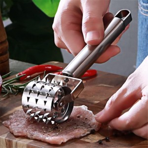 Fdit Stainless Steel Meat Tenderizer Strong Roller Beef Steak Chicken Mallet Hammer with Ergonomic Handle for Any Meat Kitchen Tool Silver