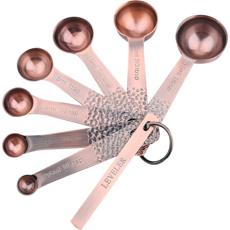Smithcraft Measuring Spoons Set 7, Copper Plated Measuring Spoons Set for Baking & Kitchen, Metric &US Stainless Steel Measure Tools with Leveler for Dry & Liquid
