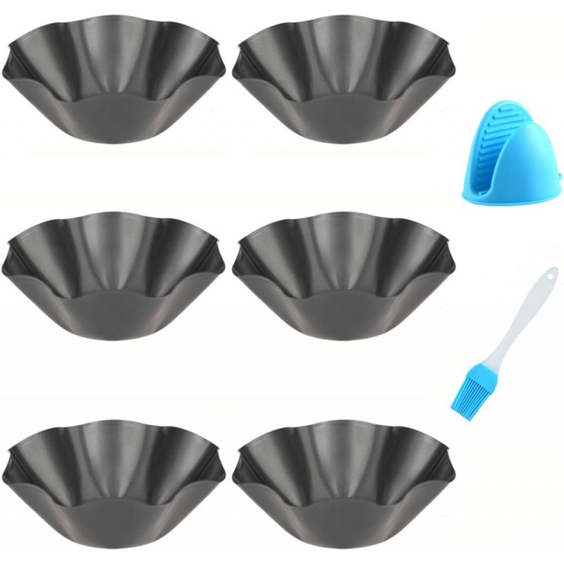Tortilla Pan Set - 6 Pack Carbon Steel Non-Stick Taco Salad Bowl Tortilla Shell Maker Black Baking Pans with a Silicone Potholder and a Basting Brush (Large)