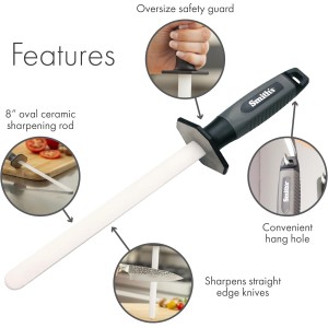Smith’s 51205 8 Inch Oval Ceramic Sharpening Rod – Soft Rubber Handle – 2-Stage Sharpener – Kitchen, Chef, Straight + Serrated Edge Knife Sharpener – Hone & Realigns Knife Edge