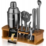 KITESSENSU Cocktail Shaker Set Bartender Kit with Stand | Bar Set Drink Mixer Set with All Essential Bar Accessory Tools: Martini Shaker, Jigger, Strainer, Mixer Spoon, Muddler, Liquor Pourers | Black