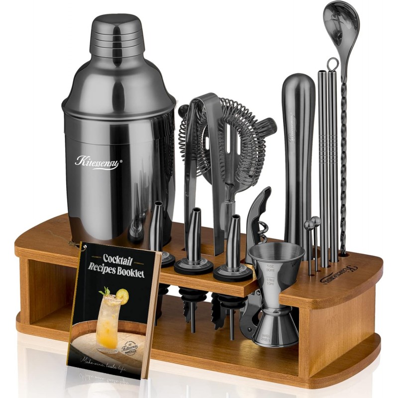 KITESSENSU Cocktail Shaker Set Bartender Kit with Stand | Bar Set Drink Mixer Set with All Essential Bar Accessory Tools: Martini Shaker, Jigger, Strainer, Mixer Spoon, Muddler, Liquor Pourers | Black