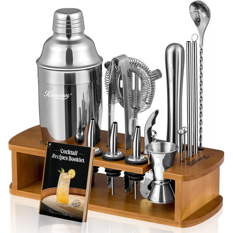 KITESSENSU Cocktail Shaker Set Bartender Kit with Stand | Bar Set Drink Mixer Set with All Essential Accessory Tools: Martini Shaker, Jigger, Strainer, Mixer Spoon, Muddler, Liquor Pourers |Silver