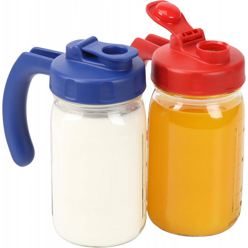 2 Pack Wide Mouth Mason Jar Lids with Handle, Airtight & Leak-proof Seal, Easy Pouring Spout, Turns your Mason Jar into Pitcher, Silicone Seal Gasket, Jars not included