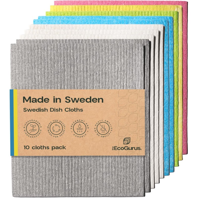 10 Pack Odour-Resistant Reusable Cleaning Cloths | Original Swedish Dishcloth | Made in Sweden | Suitable for All Surfaces | Biodegradable Cellulose Sponge | Kitchen & Bathroom | Multi-Coloured