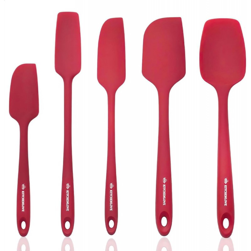 KITCHENLOVE Premium 600°F Heat Resistant 5 Piece Silicone Spatula Set for Baking, Cooking, Mixing - Non-Stick with High Grade S-Iron Steel Core - One Piece Seamless Design - BPA Free (Red)