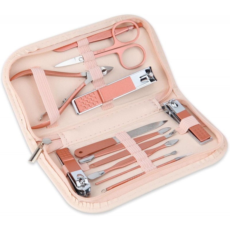 Nail Clippers and Beauty Tool Portable Set Manicure Set 12 in 1, with Pink Leather Bag, Suitable for Home, Workplace, Outdoor Travel, Gift Giving, Salon
