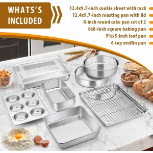 E-far Stainless Steel Baking Pan Set, 9-Piece Bakeware Sets for Cake Cookie Loaf Muffin, Include Round, Square, Rectangle Baking Sheet Pan with Lid & Cooling Rack, Dishwasher Safe