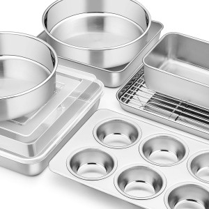 E-far Stainless Steel Baking Pan Set, 9-Piece Bakeware Sets for Cake Cookie Loaf Muffin, Include Round, Square, Rectangle Baking Sheet Pan with Lid & Cooling Rack, Dishwasher Safe