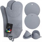 Rorecay 6pcs Oven Mitts and Pot Holders Sets for Kitchen, Extra Long Silicone Oven Gloves High Heat Resistant 500 Degrees Non-Slip Potholders Hot Pads for Baking Cooking, Grey