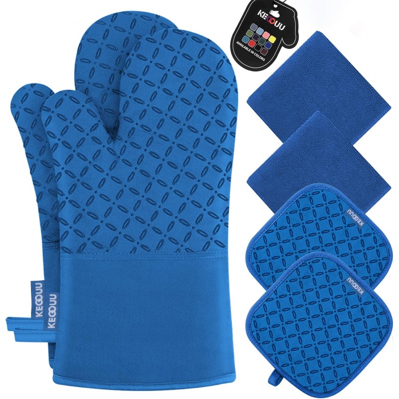 KEGOUU Oven Mitts and Pot Holders 6pcs Set, Kitchen Oven Glove High Heat Resistant 500 Degree Extra Long Oven Mitts and Potholder with Non-Slip Silicone Surface for Cooking (Royal Blue)