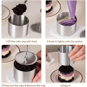 Set of 3 - Round Stainless Steel Cake Rings, Mousse Cake Ring Mold with Press Set