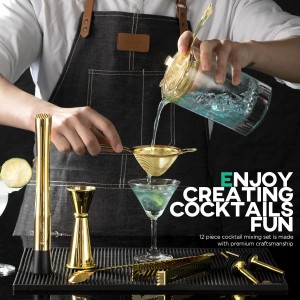 Homestia Cocktail Strainer Set, 5 Piece Gold Stainless Steel Bar Tools - Hawthorne Julep Strainer, Fine Mesh Strainer, Jigger and Spoon for Bartender Professional Drink Mixing Kit