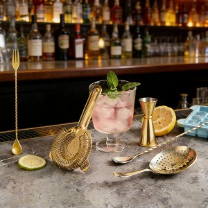 Homestia Cocktail Strainer Set, 5 Piece Gold Stainless Steel Bar Tools - Hawthorne Julep Strainer, Fine Mesh Strainer, Jigger and Spoon for Bartender Professional Drink Mixing Kit