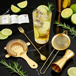 Homestia Cocktail Strainer Set, 5 Piece Gold Stainless Steel Bar Tools - Hawthorne Julep Strainer, Fine Mesh Strainer, Jigger and Spoon for Bartender Professional Drink Mixing Kit