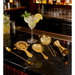 Homestia Cocktail Strainer Set, 5 Piece Gold Stainless Steel Bar Tools - Hawthorne Julep Strainer, Fine Mesh Strainer, Jigger and Spoon for Bartender Professional Drink Mixing Kit