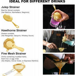 Homestia Cocktail Strainer Set, 5 Piece Gold Stainless Steel Bar Tools - Hawthorne Julep Strainer, Fine Mesh Strainer, Jigger and Spoon for Bartender Professional Drink Mixing Kit