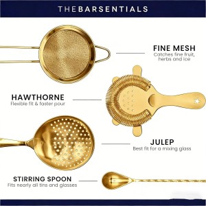 Homestia Cocktail Strainer Set, 5 Piece Gold Stainless Steel Bar Tools - Hawthorne Julep Strainer, Fine Mesh Strainer, Jigger and Spoon for Bartender Professional Drink Mixing Kit