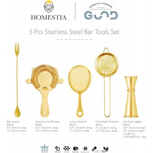 Homestia Cocktail Strainer Set, 5 Piece Gold Stainless Steel Bar Tools - Hawthorne Julep Strainer, Fine Mesh Strainer, Jigger and Spoon for Bartender Professional Drink Mixing Kit