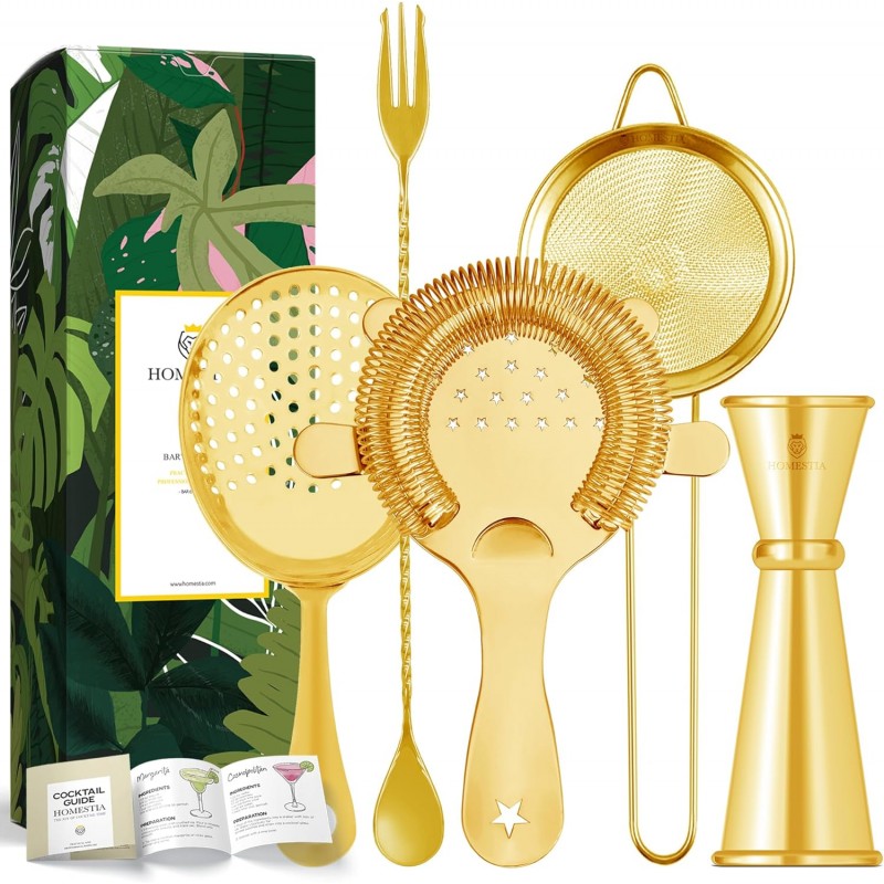 Homestia Cocktail Strainer Set, 5 Piece Gold Stainless Steel Bar Tools - Hawthorne Julep Strainer, Fine Mesh Strainer, Jigger and Spoon for Bartender Professional Drink Mixing Kit