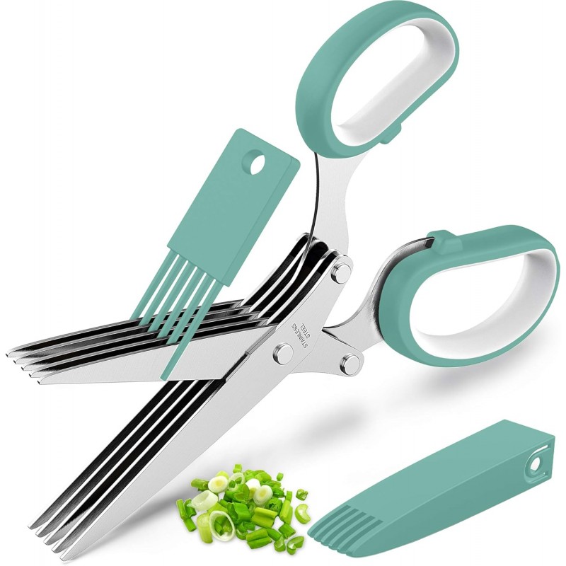 Fun Unique Kitchen Gadgets: Herb Scissors Set - Updated 2026 Cool Kitchen Tools for Cutting Fresh Garden Herbs - Sharp 5-Blade Shears with Cover, Anti-Rust Stainless Steel, Dishwasher Safe (Blue)