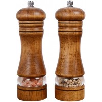Haomacro Wood Salt and Pepper Grinder Mills Set, Classic Manual Pepper Grinder Salt Grinder Refillable Pepper Mill Sets with Acrylic Visible Window Adjustable Ceramic Grinding Rotor 6.5inch 2 Pack