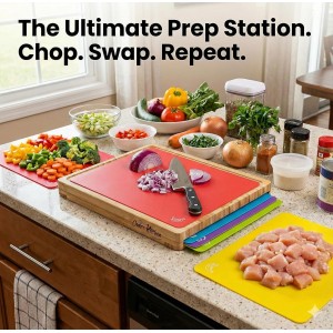 Cooler Kitchen Wooden Cutting Boards for Kitchen with 6 Flexible Plastic Mats - Meal Prep and Serving, Easy Clean Bamboo Cutting Board and Dishwasher Safe Plastic - Large Wood Cutting Board Set
