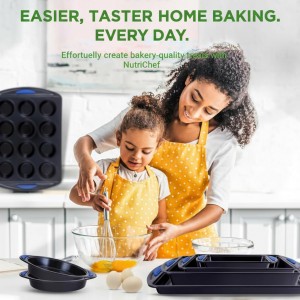 NutriChef 10-Piece Nonstick Bakeware Set - Heavy Duty Carbon Steel Baking Trays w/Silicone Handles - Includes Cookie Sheets, 12-Cup Muffin Pan, Pizza & Loaf Pan, Round & Square Pans - Easy to Clean