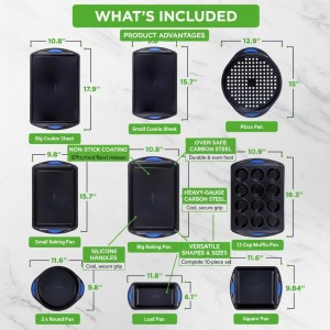 NutriChef 10-Piece Nonstick Bakeware Set - Heavy Duty Carbon Steel Baking Trays w/Silicone Handles - Includes Cookie Sheets, 12-Cup Muffin Pan, Pizza & Loaf Pan, Round & Square Pans - Easy to Clean
