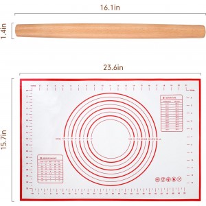 Wood French Rolling Pin for Baking, QUELLANCE Wooden Dough Roller with Silicone Baking Mat, Beech Wood Rolling Pins for Baking Dough, Pizza, Pie, Pastries, Pasta and Cookies,Red Pastry Mat
