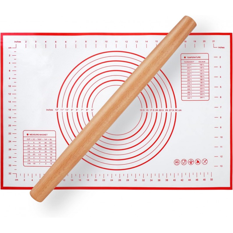 Wood French Rolling Pin for Baking, QUELLANCE Wooden Dough Roller with Silicone Baking Mat, Beech Wood Rolling Pins for Baking Dough, Pizza, Pie, Pastries, Pasta and Cookies,Red Pastry Mat