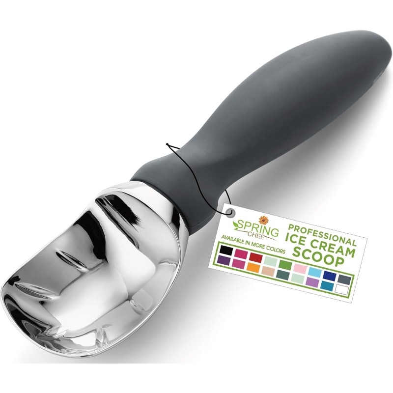 Spring Chef Gray Heavy Duty Ice Cream Scoop with Comfortable Soft Grip Handle, Dishwasher Safe Ice Cream Scooper, Professional Metal Kitchen Tool for Frozen Yogurt, Gelato, Sorbet, Sundae, Melon