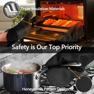 Silicone Oven Mitts and Pot Holders Sets, MTZRFLL Extra Long Heat Resistant Oven Gloves with Hot Pads and Mini Oven Mits Set for Kitchen Baking Cooking, Soft Quilted Lining, Pack of 6 (Black)