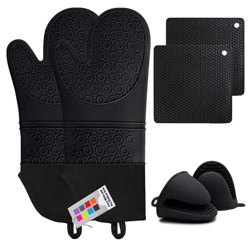 Silicone Oven Mitts and Pot Holders Sets, MTZRFLL Extra Long Heat Resistant Oven Gloves with Hot Pads and Mini Oven Mits Set for Kitchen Baking Cooking, Soft Quilted Lining, Pack of 6 (Black)