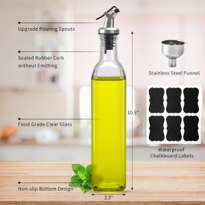 BAKHUK 4 Pack 17oz Olive Oil Dispenser Bottles, 500ml Clear Glass Vinegar Cruet with Pourers and Funnel for Kitchen