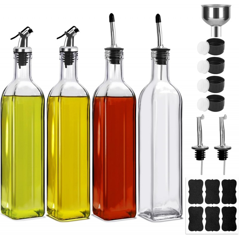 BAKHUK 4 Pack 17oz Olive Oil Dispenser Bottles, 500ml Clear Glass Vinegar Cruet with Pourers and Funnel for Kitchen