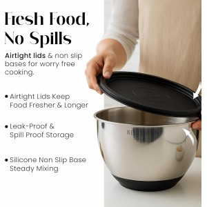 Bellemain Mixing Bowls with Lids Set - Stainless Steel Mixing Bowls with Airtight Lids - Food Storage Containers - 3PCS Set with Non-Slip Bottoms Kitchen Essentials for Baking - Serving