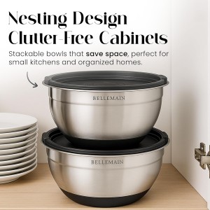 Bellemain Mixing Bowls with Lids Set - Stainless Steel Mixing Bowls with Airtight Lids - Food Storage Containers - 3PCS Set with Non-Slip Bottoms Kitchen Essentials for Baking - Serving