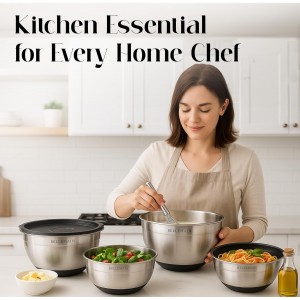 Bellemain Mixing Bowls with Lids Set - Stainless Steel Mixing Bowls with Airtight Lids - Food Storage Containers - 3PCS Set with Non-Slip Bottoms Kitchen Essentials for Baking - Serving