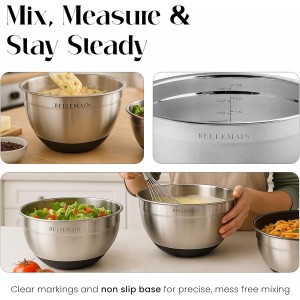 Bellemain Mixing Bowls with Lids Set - Stainless Steel Mixing Bowls with Airtight Lids - Food Storage Containers - 3PCS Set with Non-Slip Bottoms Kitchen Essentials for Baking - Serving