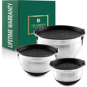 Bellemain Mixing Bowls with Lids Set - Stainless Steel Mixing Bowls with Airtight Lids - Food Storage Containers - 3PCS Set with Non-Slip Bottoms Kitchen Essentials for Baking - Serving