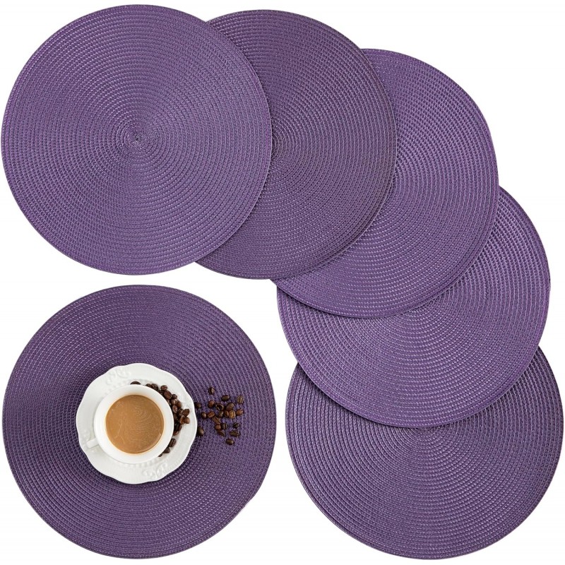 Placemats, Crossweave Heat Resistant Classic Woven Round Place Mats Diameter 13.5 inch for Kitchen Table Set of 6 (Purple)