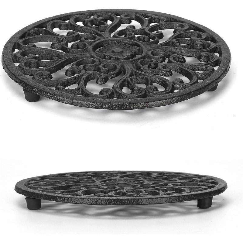 2 Pack Round Cast Iron Trivet, 6.7 Inch Heavy-Duty Trivets for Hot Dishes, Pots and Pans, with Rubber Feet Non-Slip, Rustic Cast Iron Holder for Kitchen Dining Table Countertop